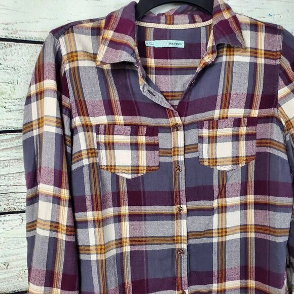 Maurices Small Plaid Button Down Shirt Purple Mustard Gray Long Sleeve Cotton Bl - Picture 2 of 8